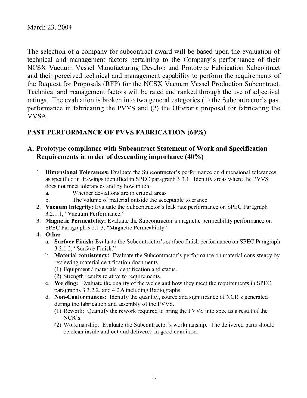 Past Performance of PVVS FABRICATION (60%)