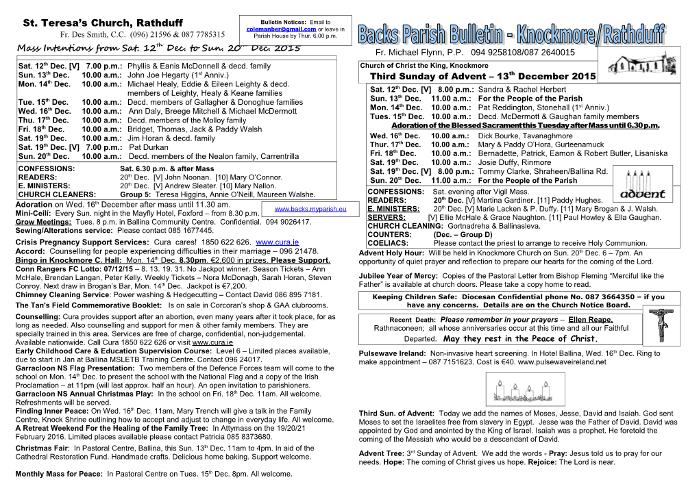 Mass Intentions from Sat. 12Th Dec. to Sun. 20Th Dec. 2015