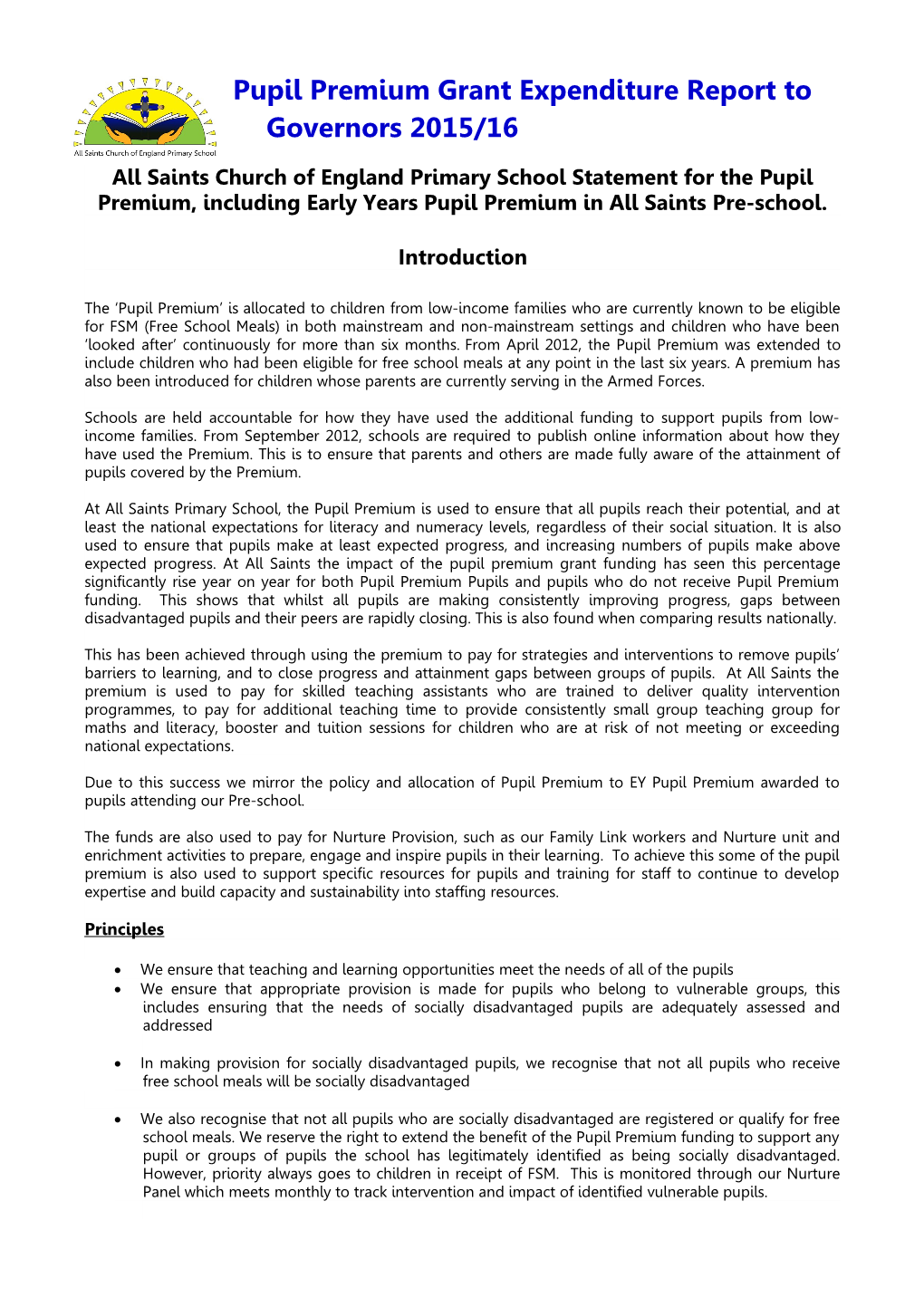 Pupil Premium Grant Expenditure Report to Governors 2015/16