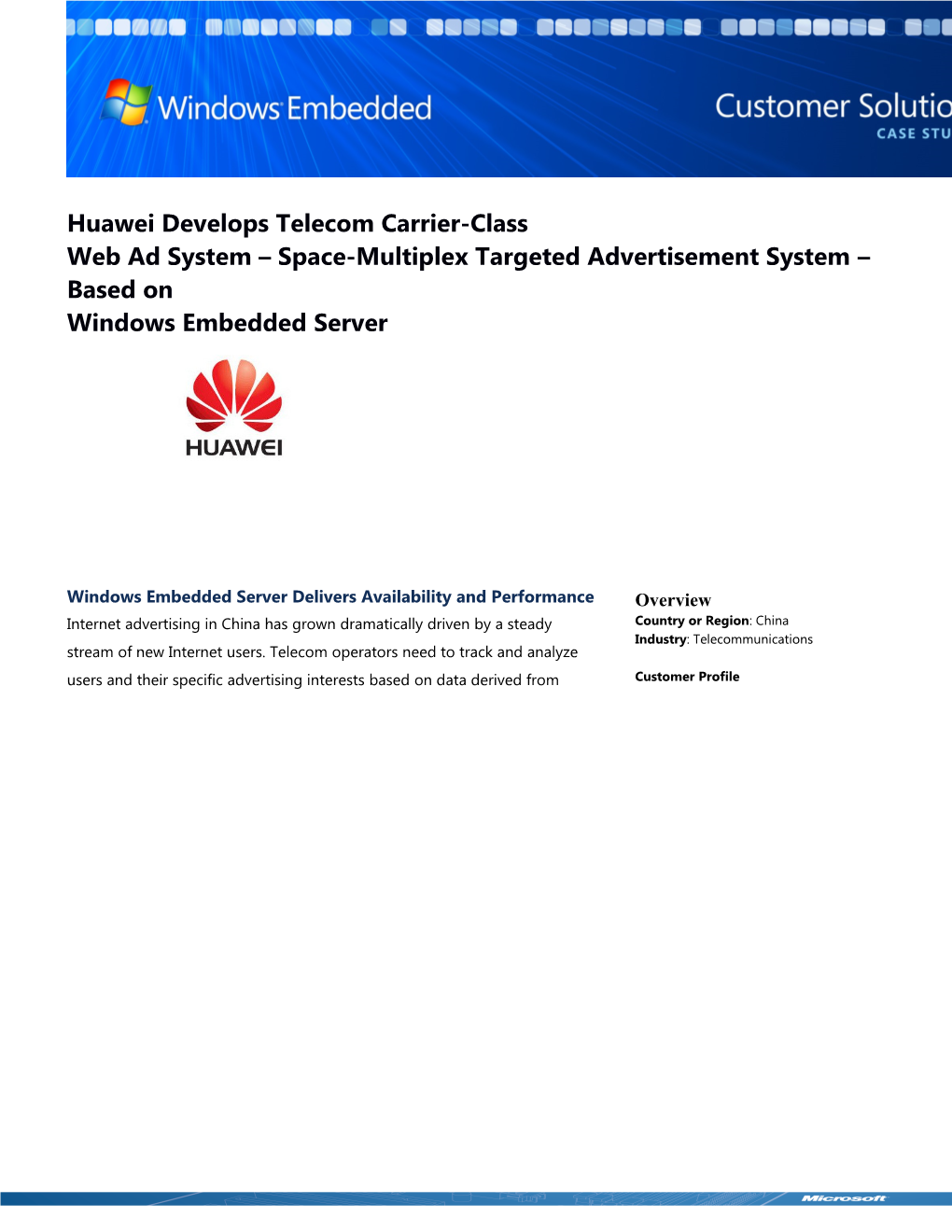 Metia Windows Embedded Huawei Develops Carrier-Class Web Advertising System Based on Windows