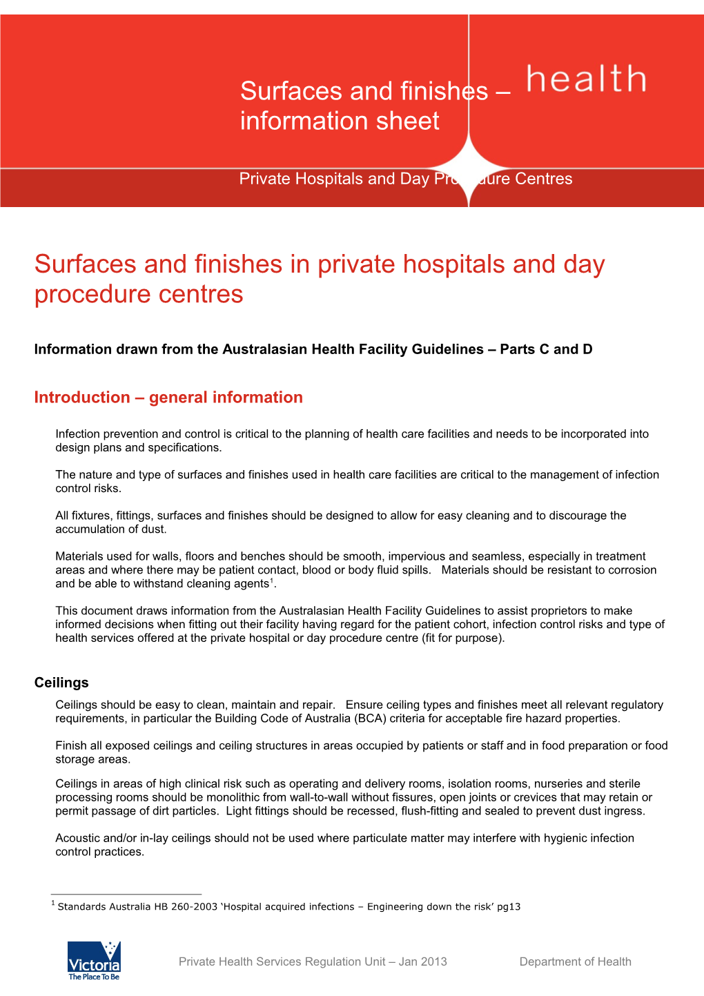 Surfaces and Finishes in Private Hospitals and Day Procedure Centres