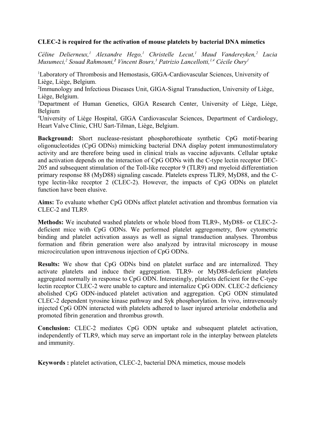 CLEC-2 Is Required for the Activation of Mouse Platelets by Bacterial DNA Mimetics