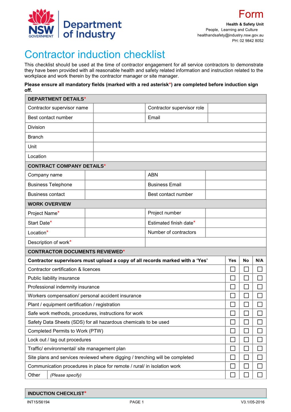 Contractor Induction Checklist