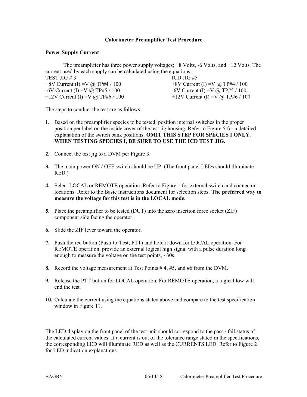 Calorimeter Preamplifier Test Procedure