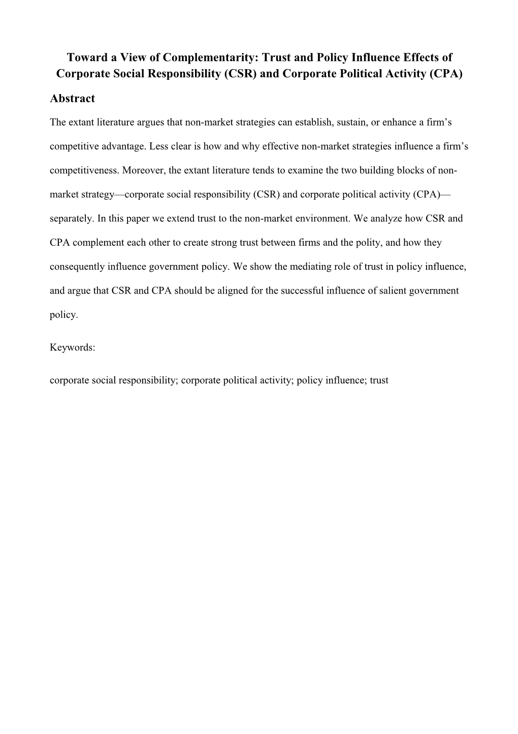 Toward a View of Complementarity: Trust and Policy Influence Effects of Corporate Social