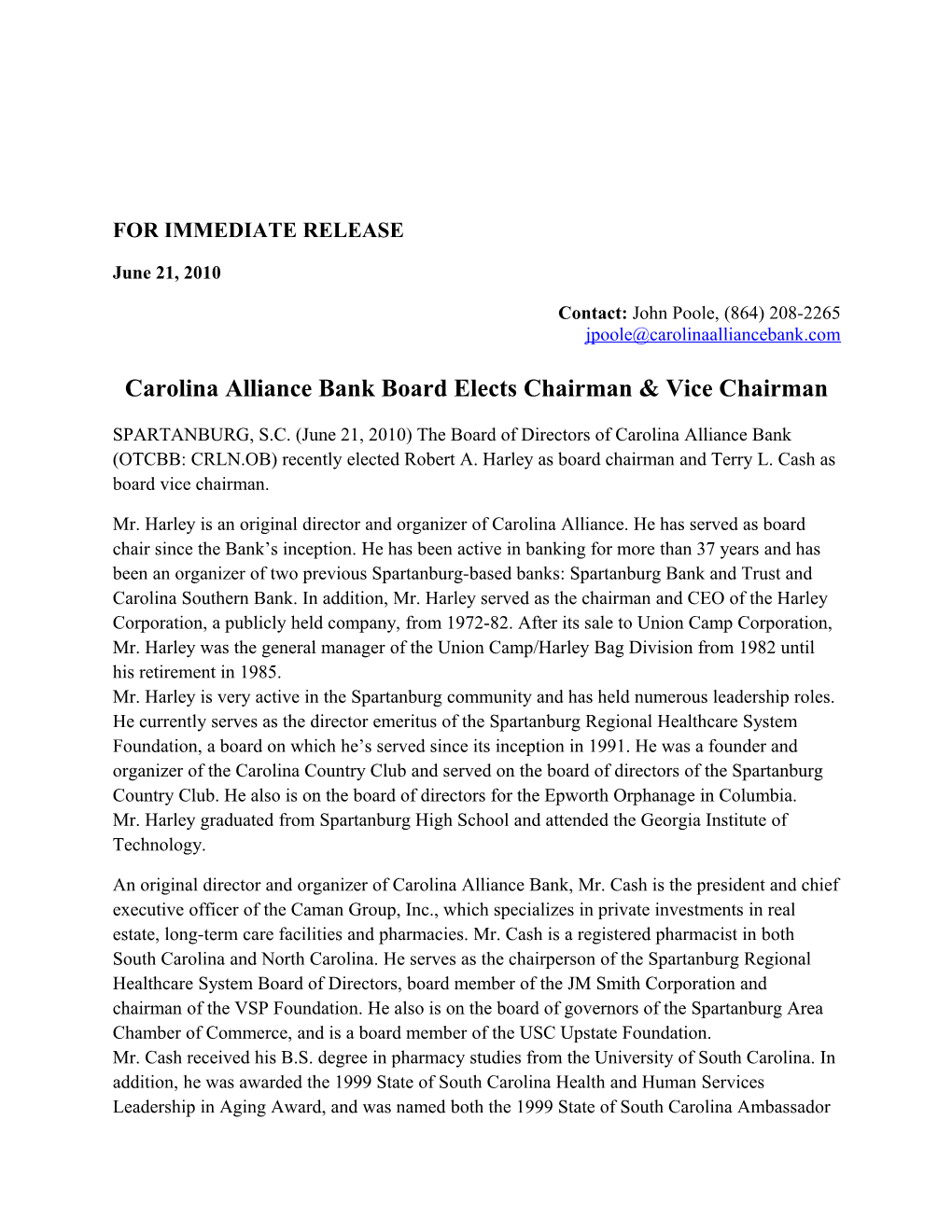 Carolina Alliance Bank Board Elects Chairman & Vice Chairman