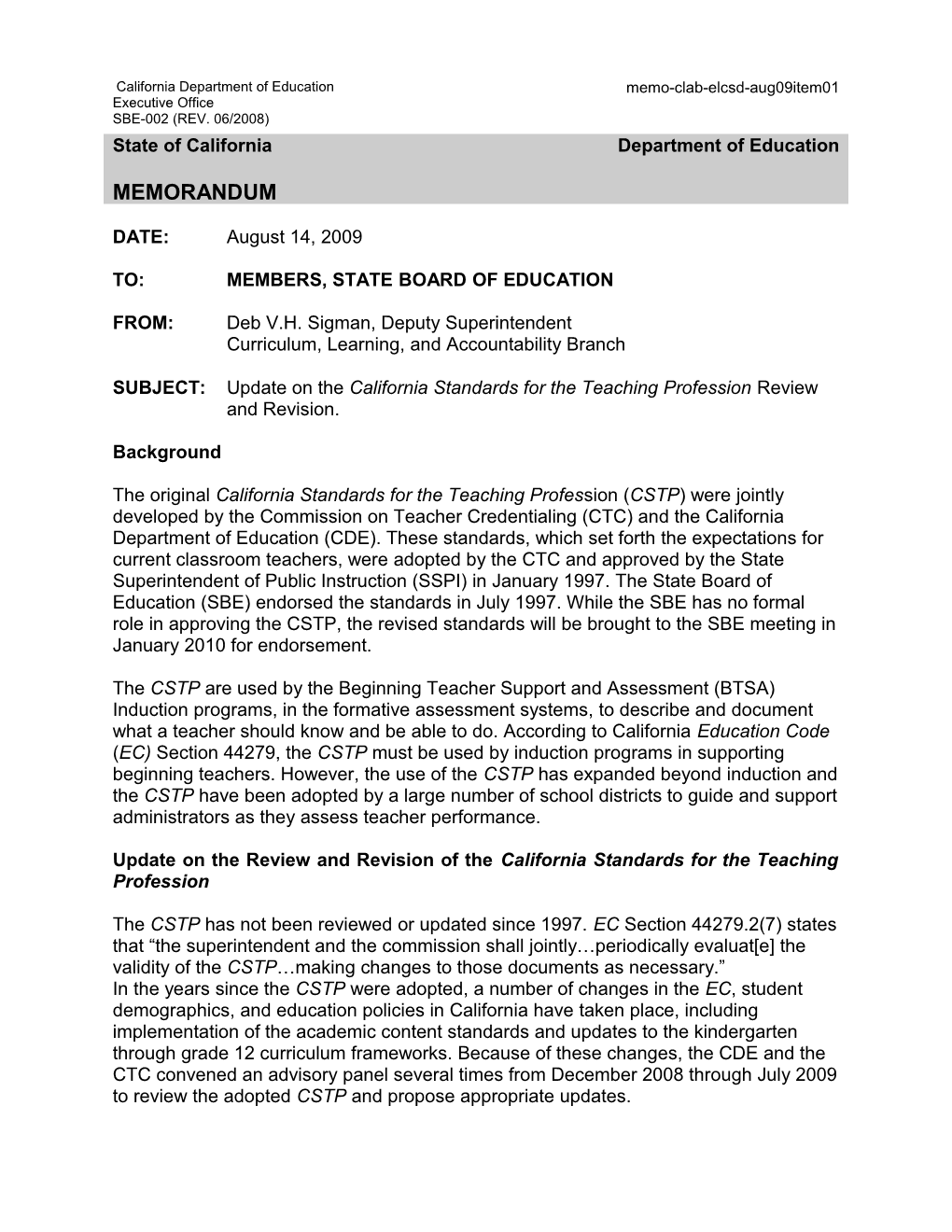 August 2009 CLAB Item 02 - Information Memorandum (CA State Board of Education)