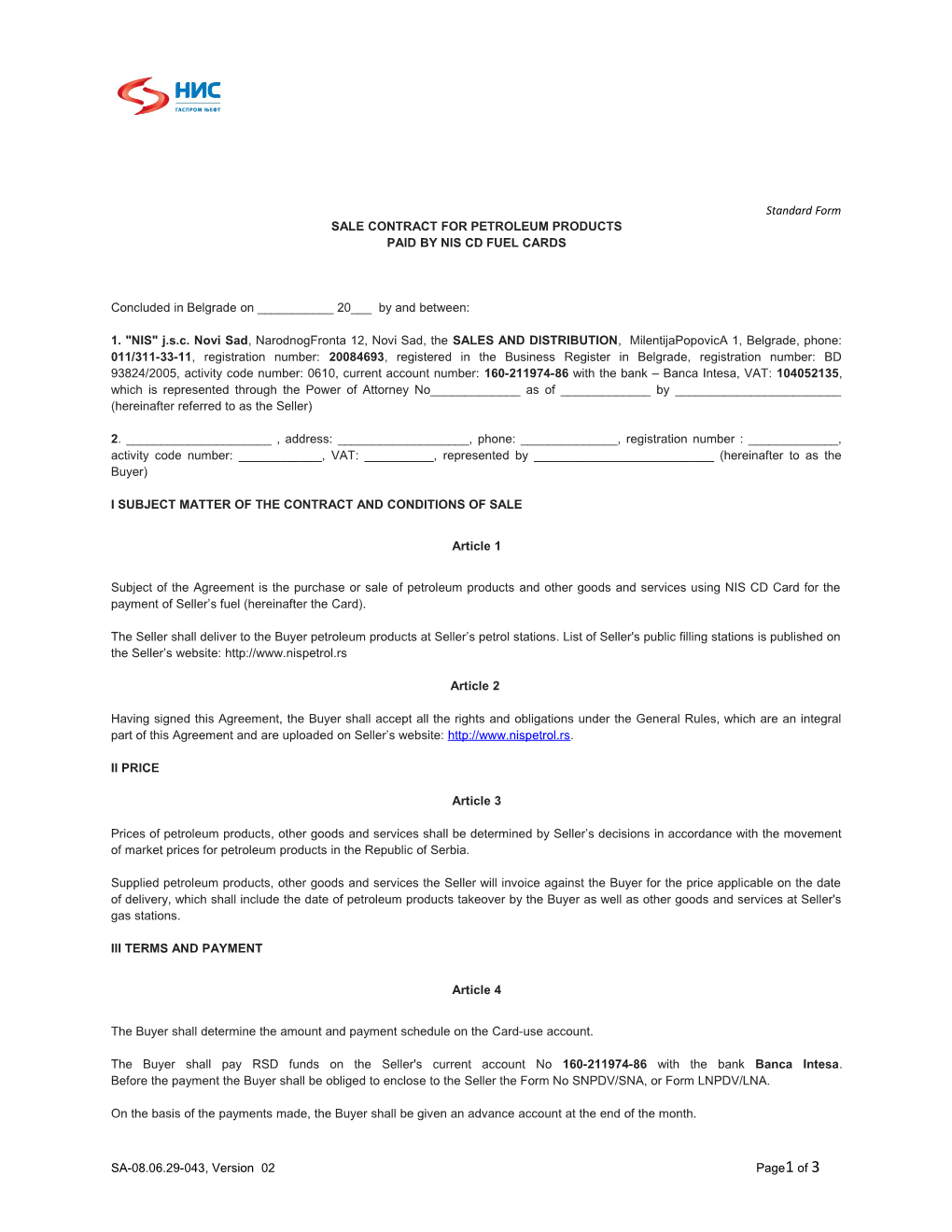 Sale Contract for Petroleum Products Paid by Nis Cd Fuel Cards