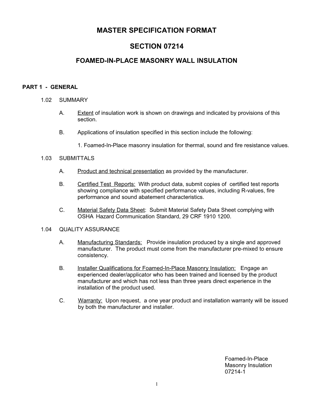 AIA Master Specification Format