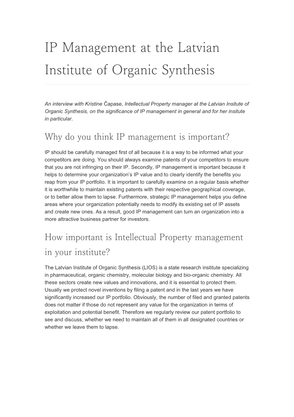 IP Management at the Latvian Institute of Organic Synthesis