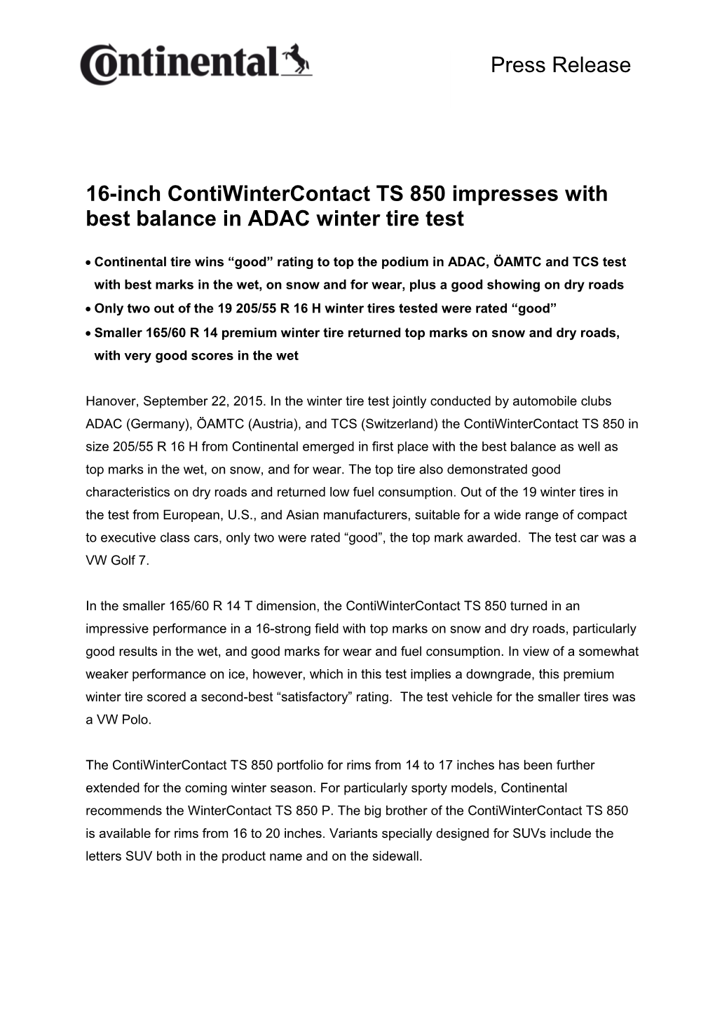 16-Inch Contiwintercontact TS 850 Impresses with Best Balance in ADAC Winter Tire Test