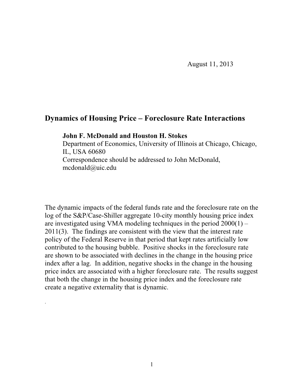 Dynamics of Housing Price Foreclosure Rate Interactions