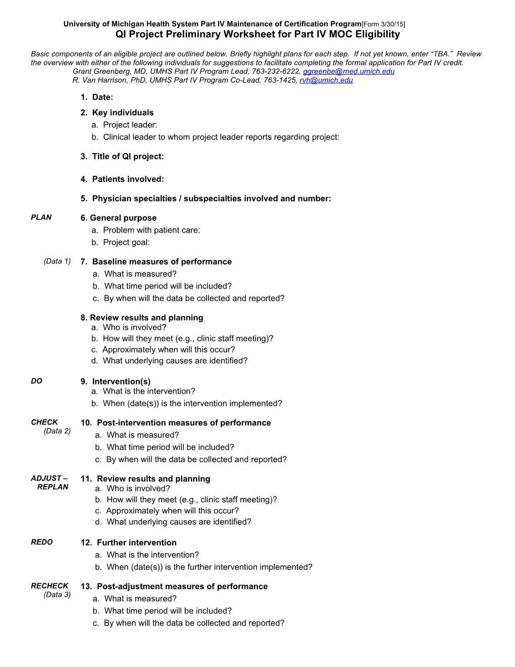 QI Project Preliminary Worksheet for Part IV MOC Eligibility