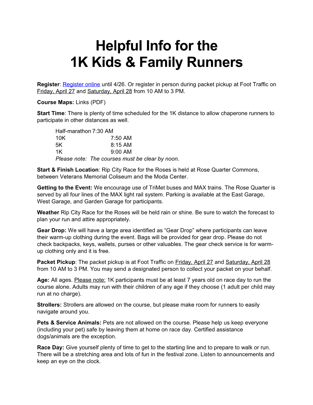 Helpful Info for the 1K Kids & Family Runners