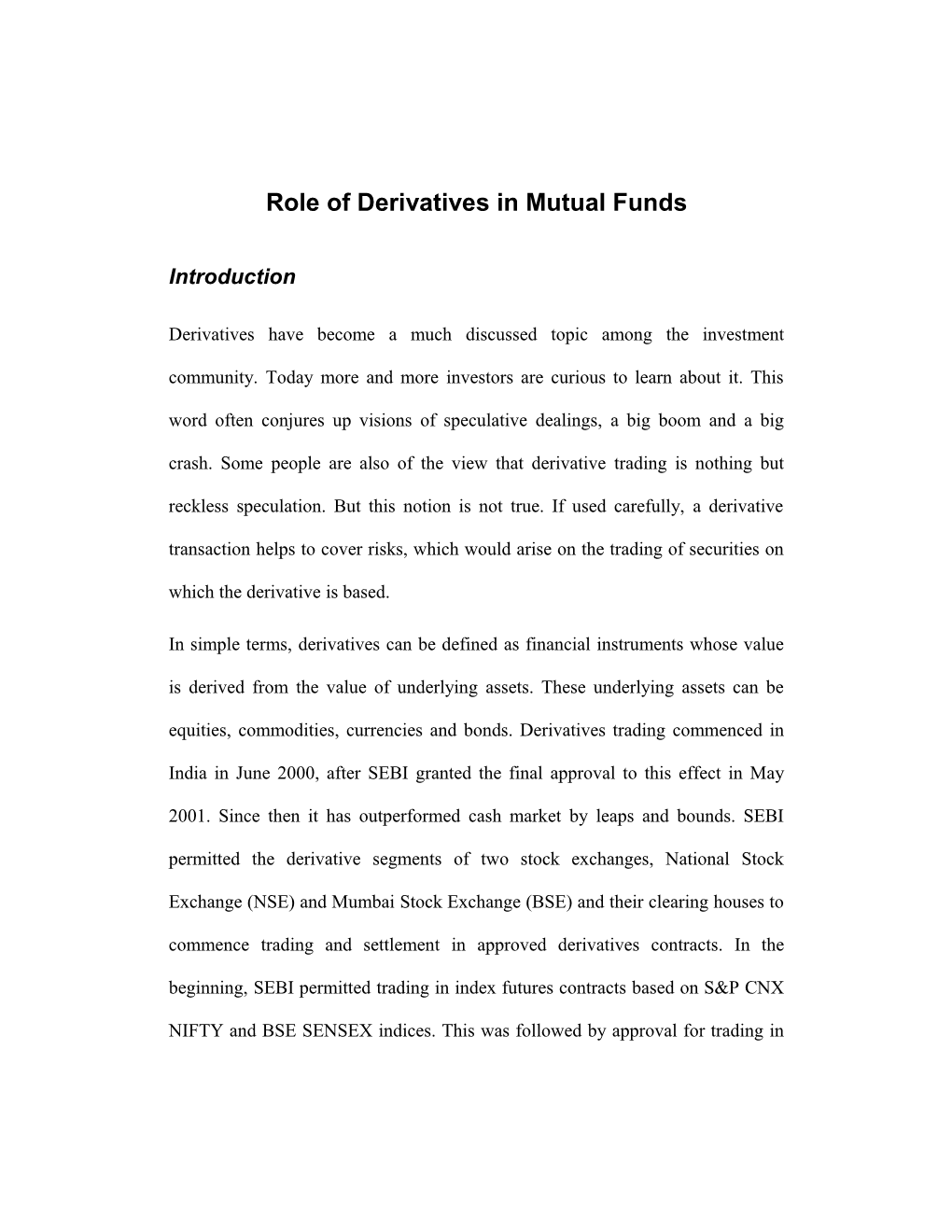 Mutual Funds and Derivatives