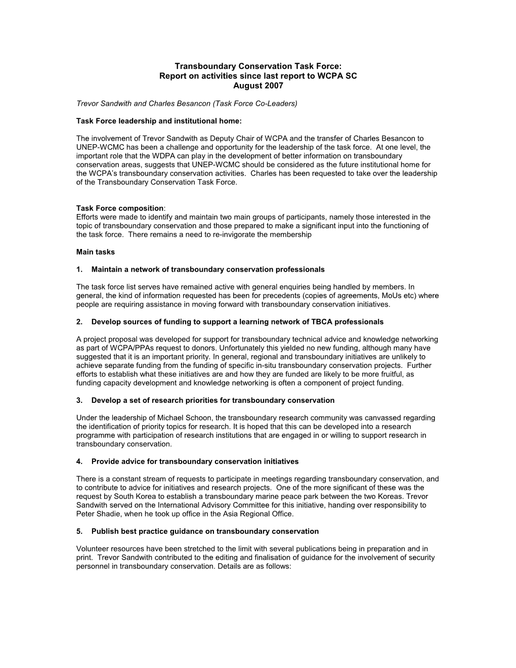 Categories Task Force: Report on Activities Since Last WCPA Steering Committee Meeting