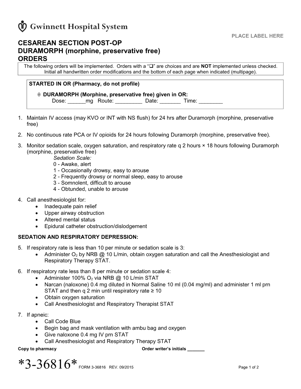 Cesarean Section Post Op Duramorph Morphine Preservative Free Orders