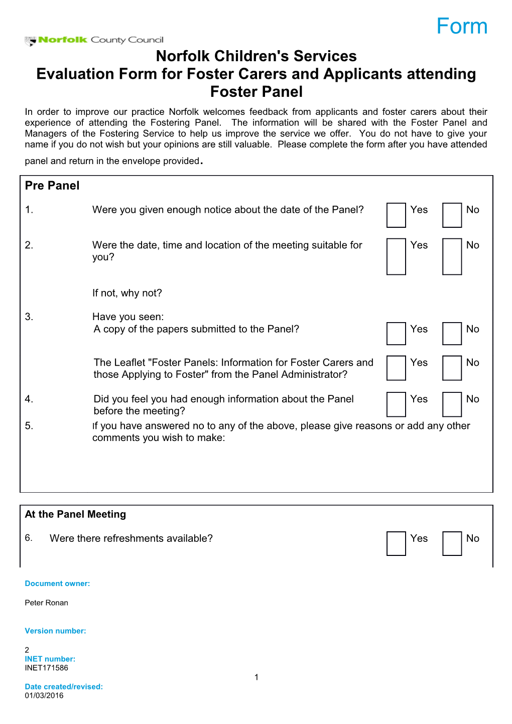 Evaluation Form for Foster Carers and Applicants Attending Foster Panel