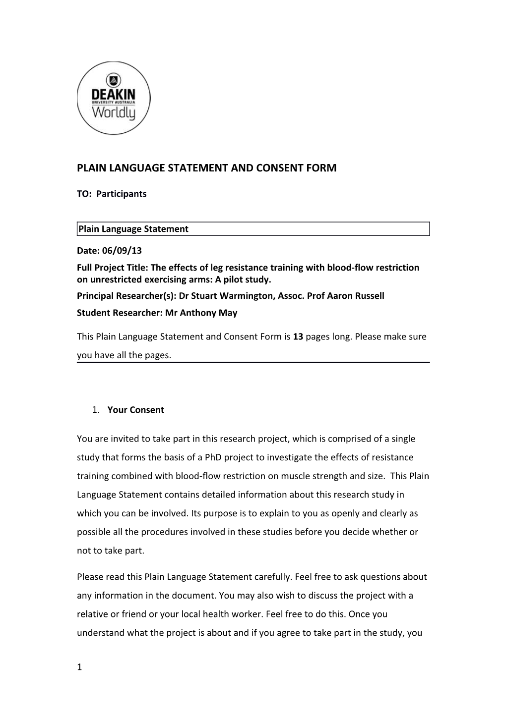 Plain Language Statement and Consent Form