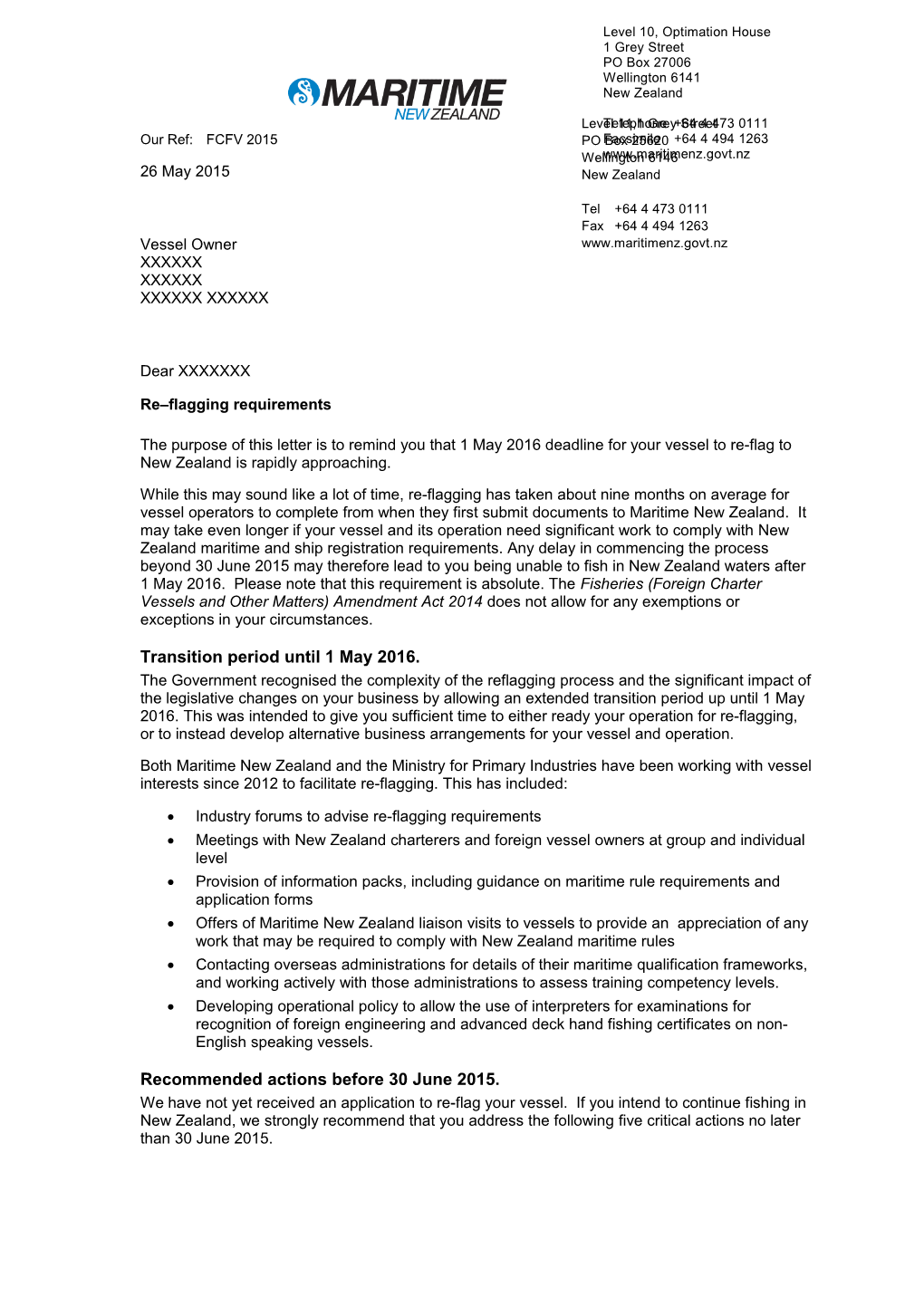 Sharyn Forsyth Letter to Vessel Owner 26 May 2015