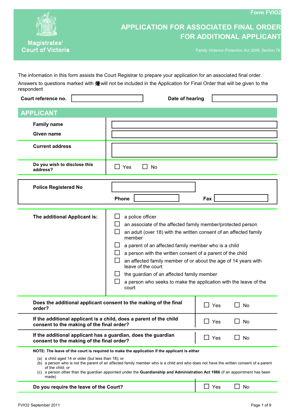 Form FVA2 - Application for Assoc Final Order Additonal Applicant (Word 440 KB - 8 Pages)