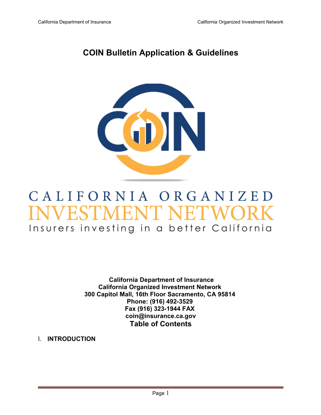 California Department of Insurance California Organized Investment Network