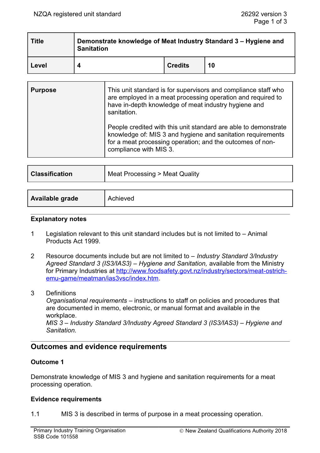 26292 Demonstrate Knowledge of Meat Industry Standard 3 Hygiene and Sanitation