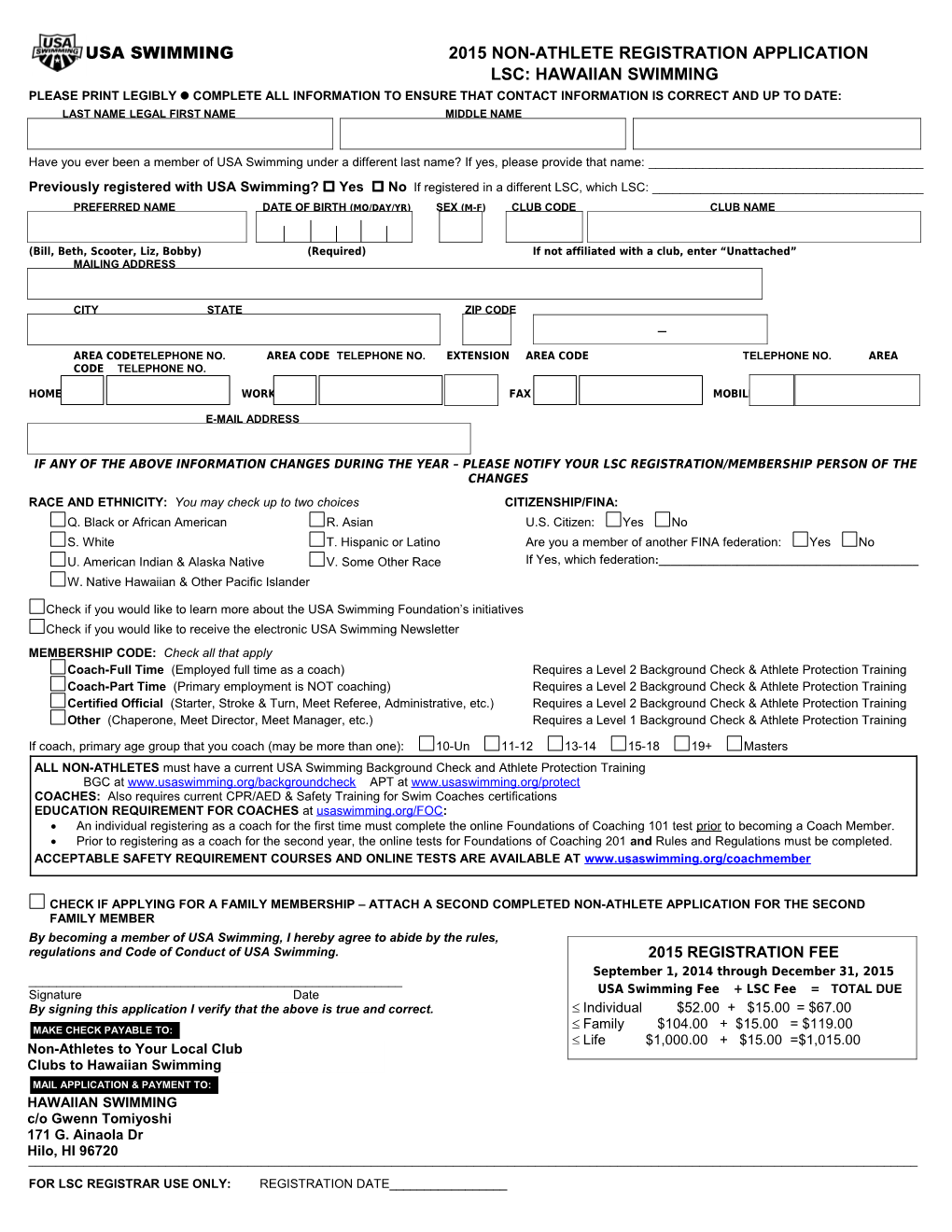 Usa Swimming 2015 Non-Athlete Registration Application