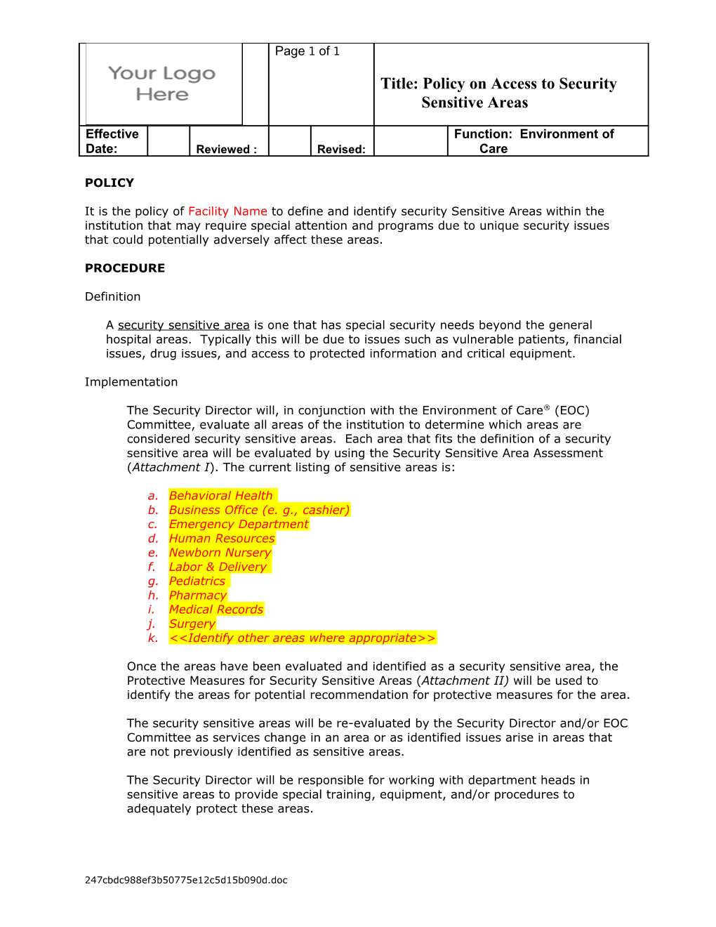 Policy on Sensitive Areas