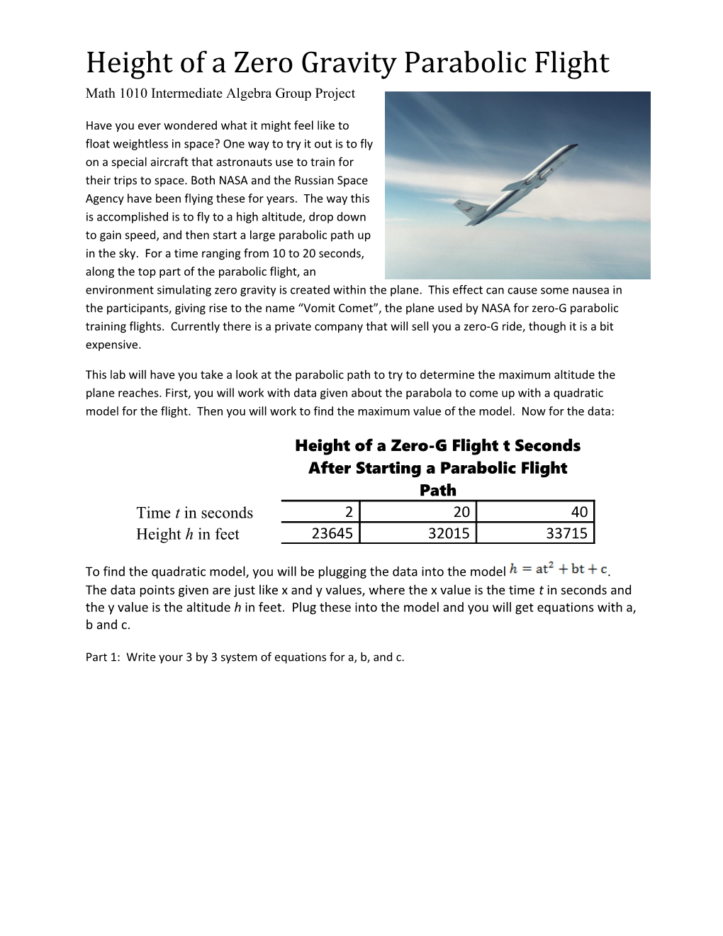 Height of a Zero Gravity Parabolic Flight