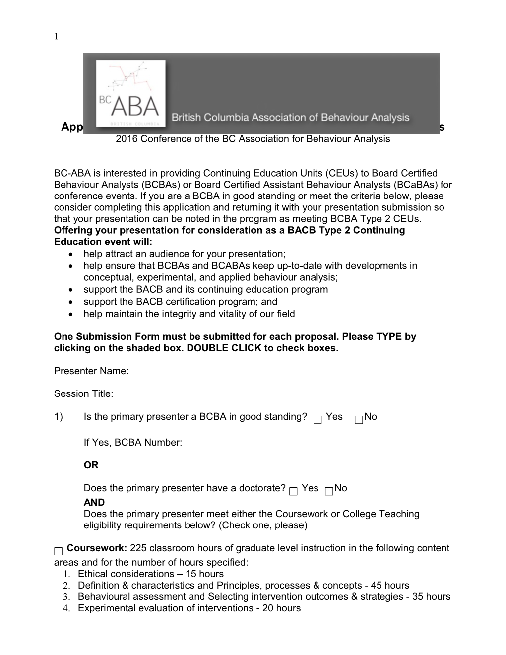 Application for Consideration for BCBA Continuing Education Credit