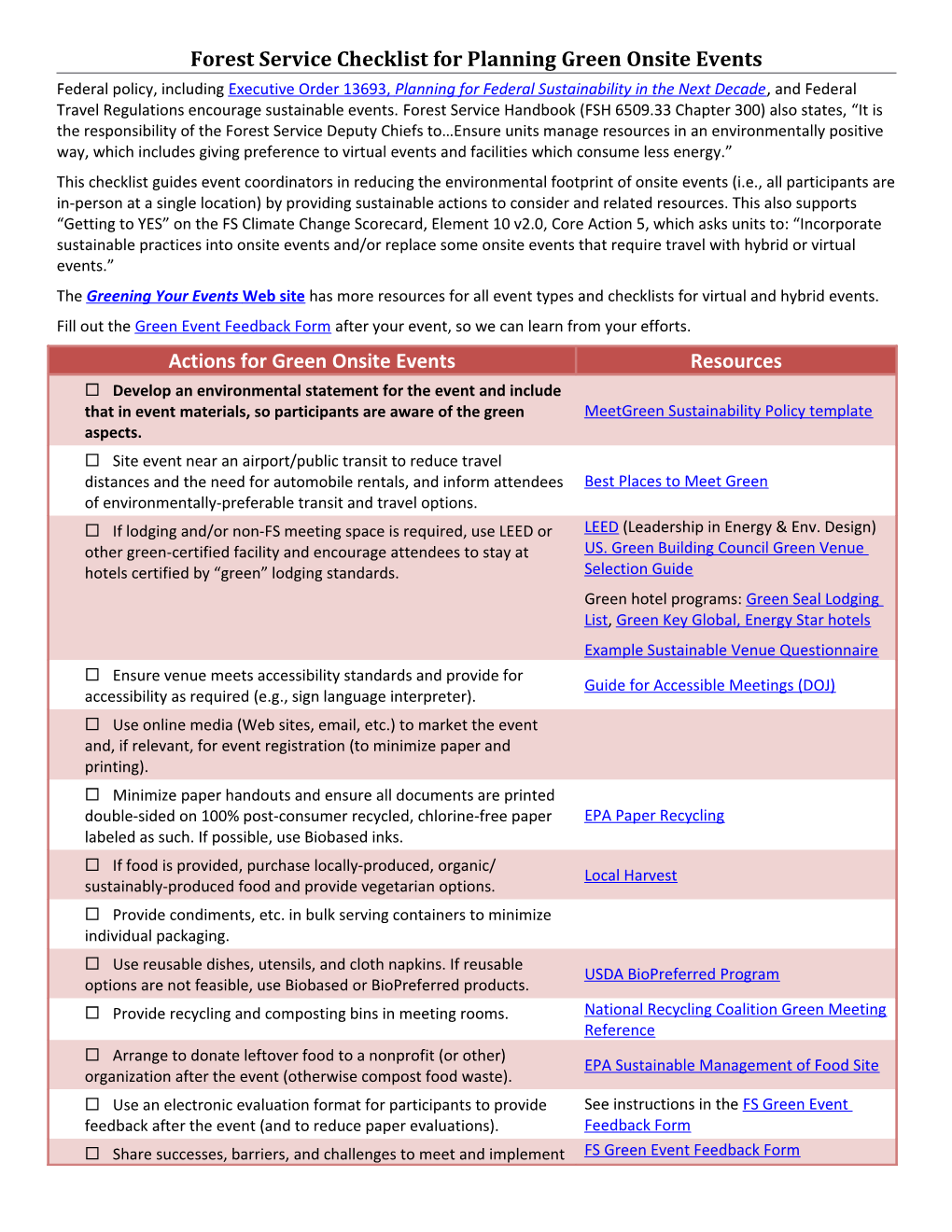 FS Checklist for Planning Green Onsite Events