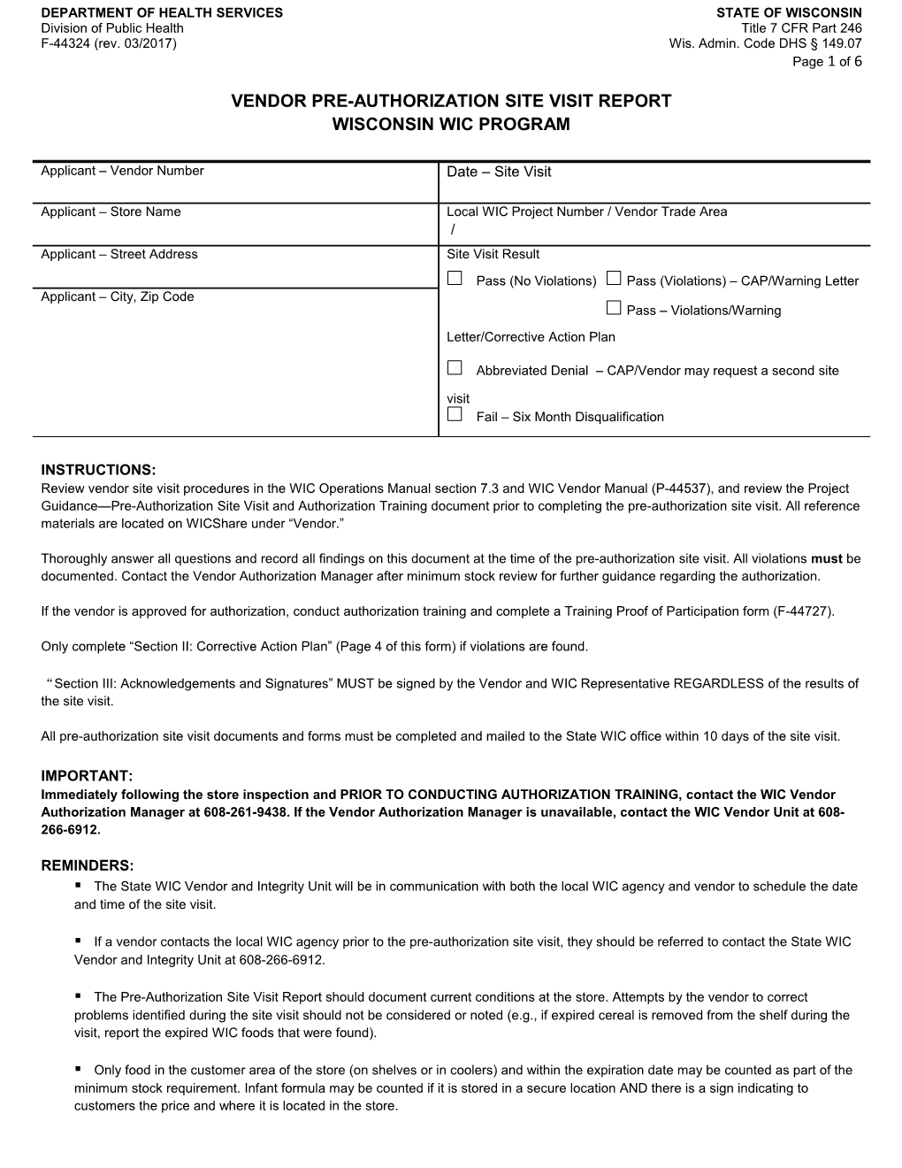 Vendor Pre-Authorization Site Visit Report - Wisconsin WIC Program, F-44324