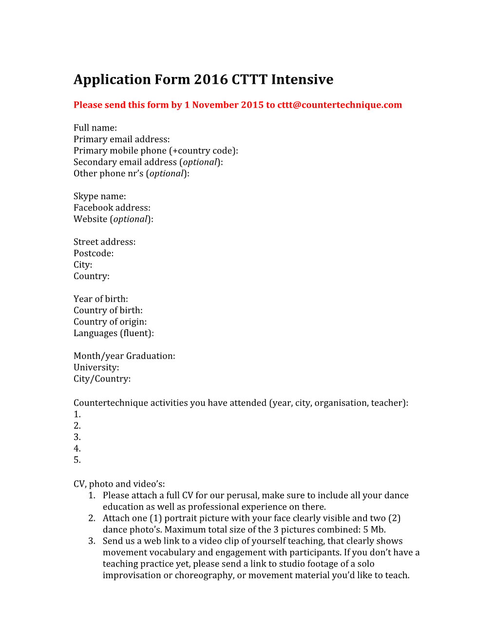 Application Form 2016 CTTT Intensive