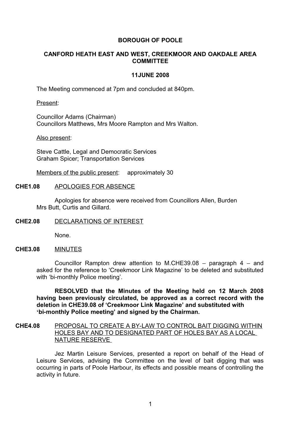 Minutes - Canford Heath East and West, Creekmoor and Oakdale Area Committee - 11 June 2008