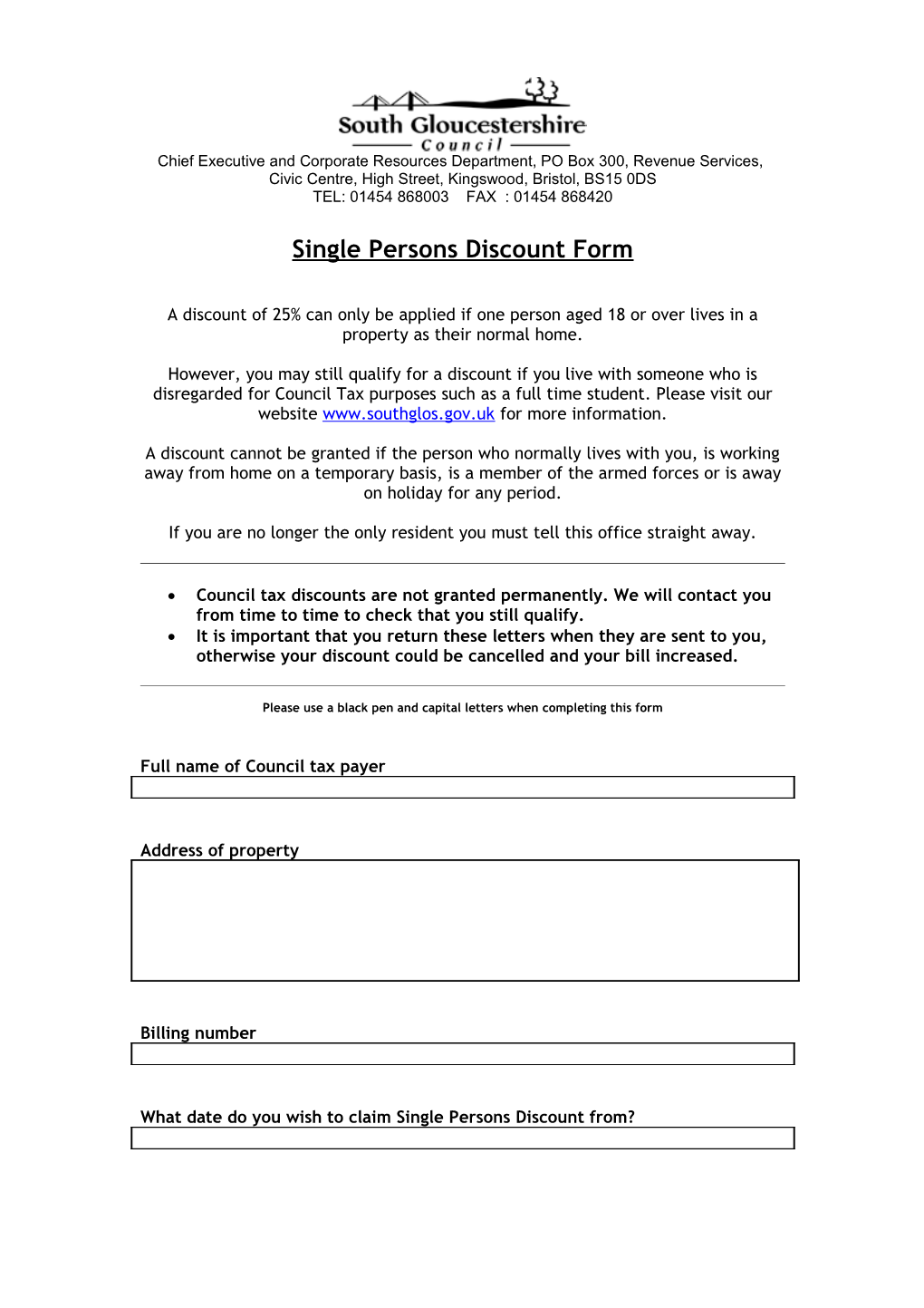 Application for a Single Persons Discount