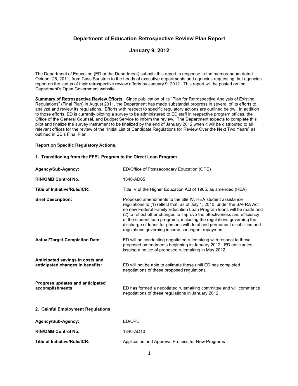 Department of Education Retrospective Review Plan Report January 2012 (PDF)