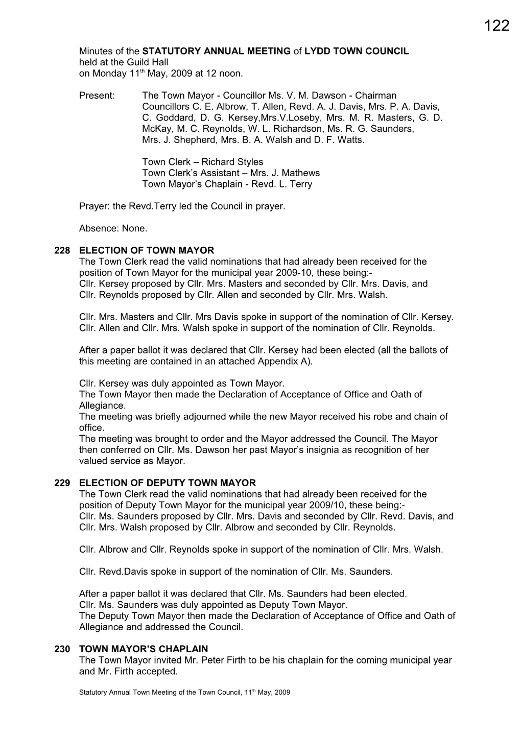 Minutes of the STATUTORY ANNUAL MEETING of LYDD TOWN COUNCIL