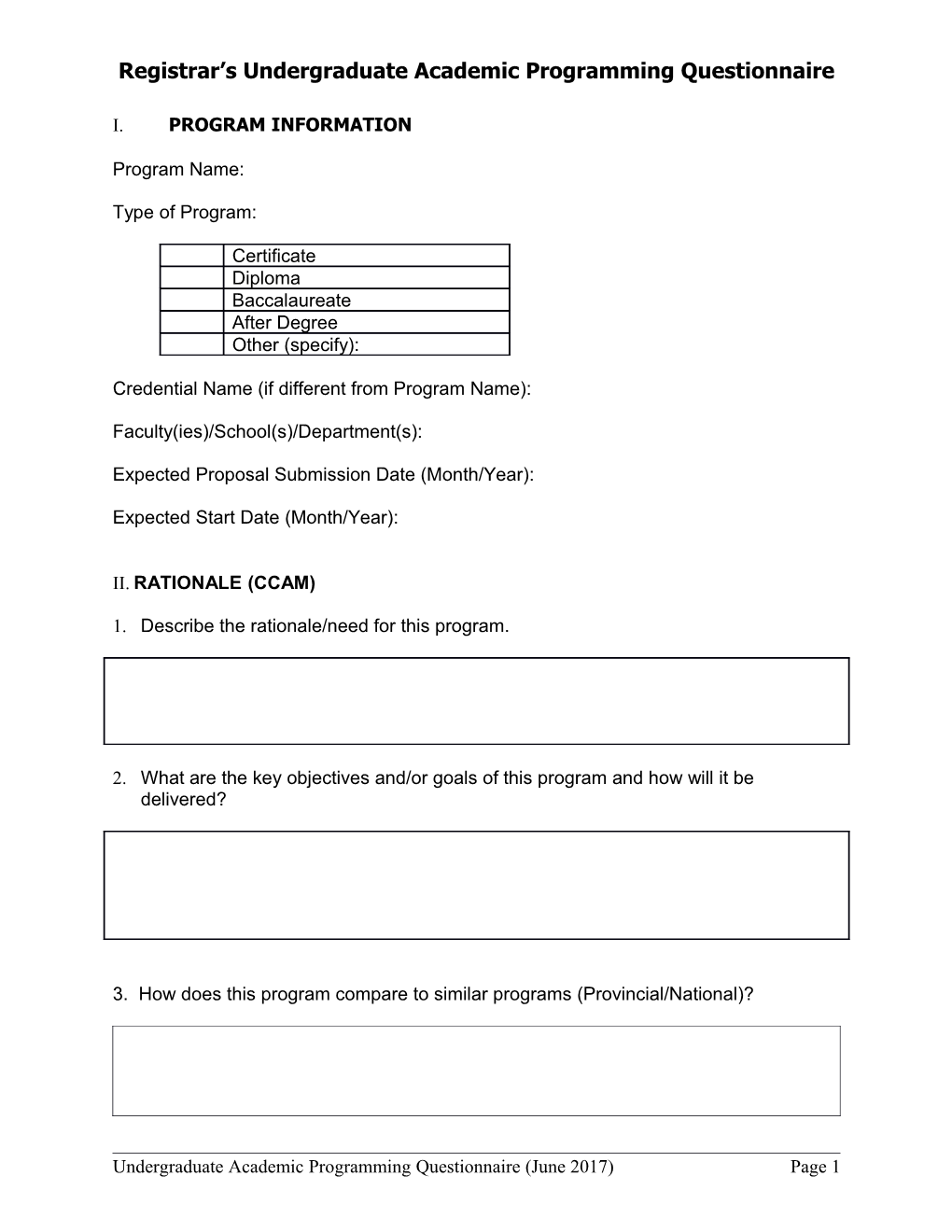 Registrar S Undergraduate Academic Programmingquestionnaire