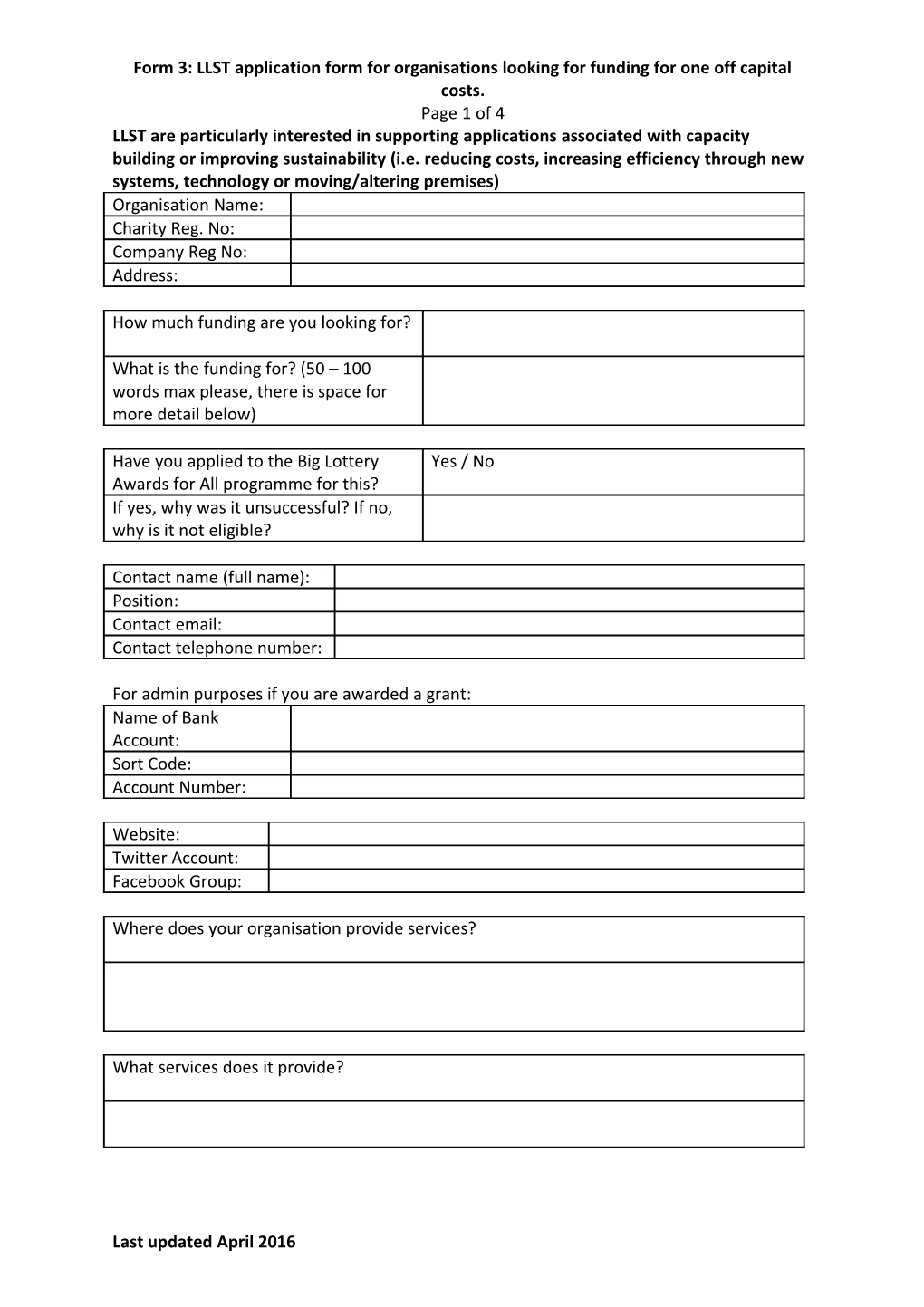 Form 3: LLST Application Form for Organisations Looking for Funding for One Off Capital Costs