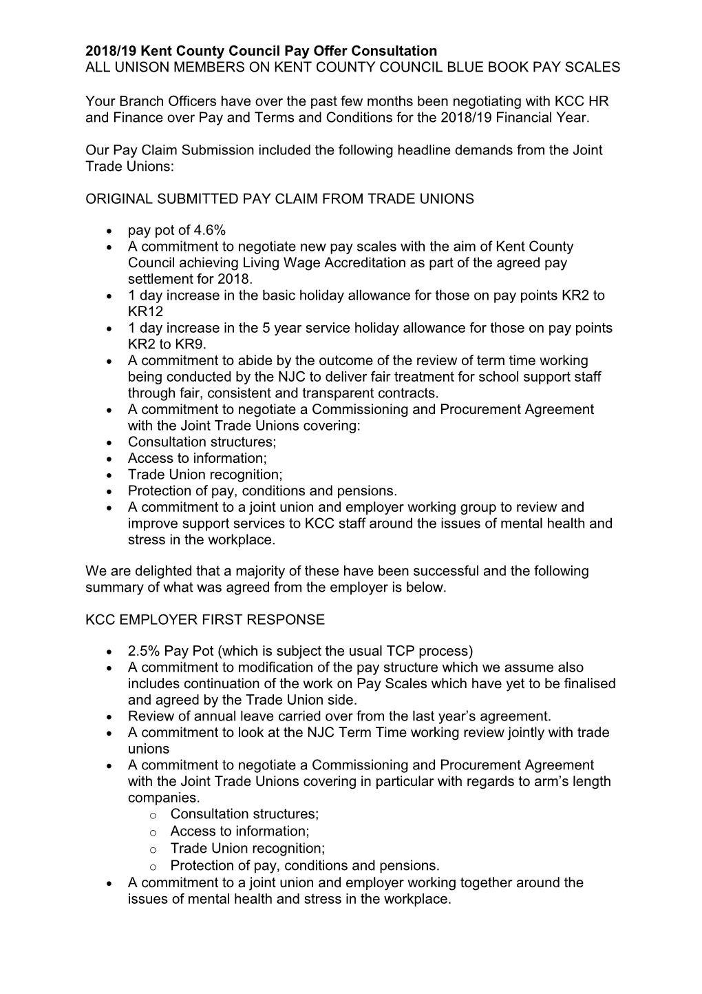 2018/19 Kent County Council Pay Offer Consultation ALL UNISON MEMBERS on KENT COUNTY COUNCIL