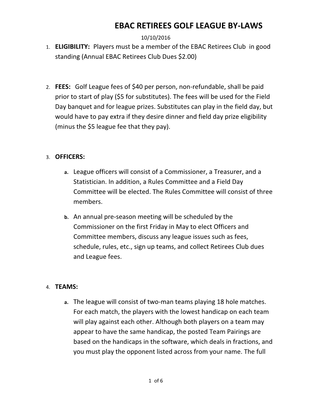 Ebac Retirees Golf League By-Laws 10/10/2016