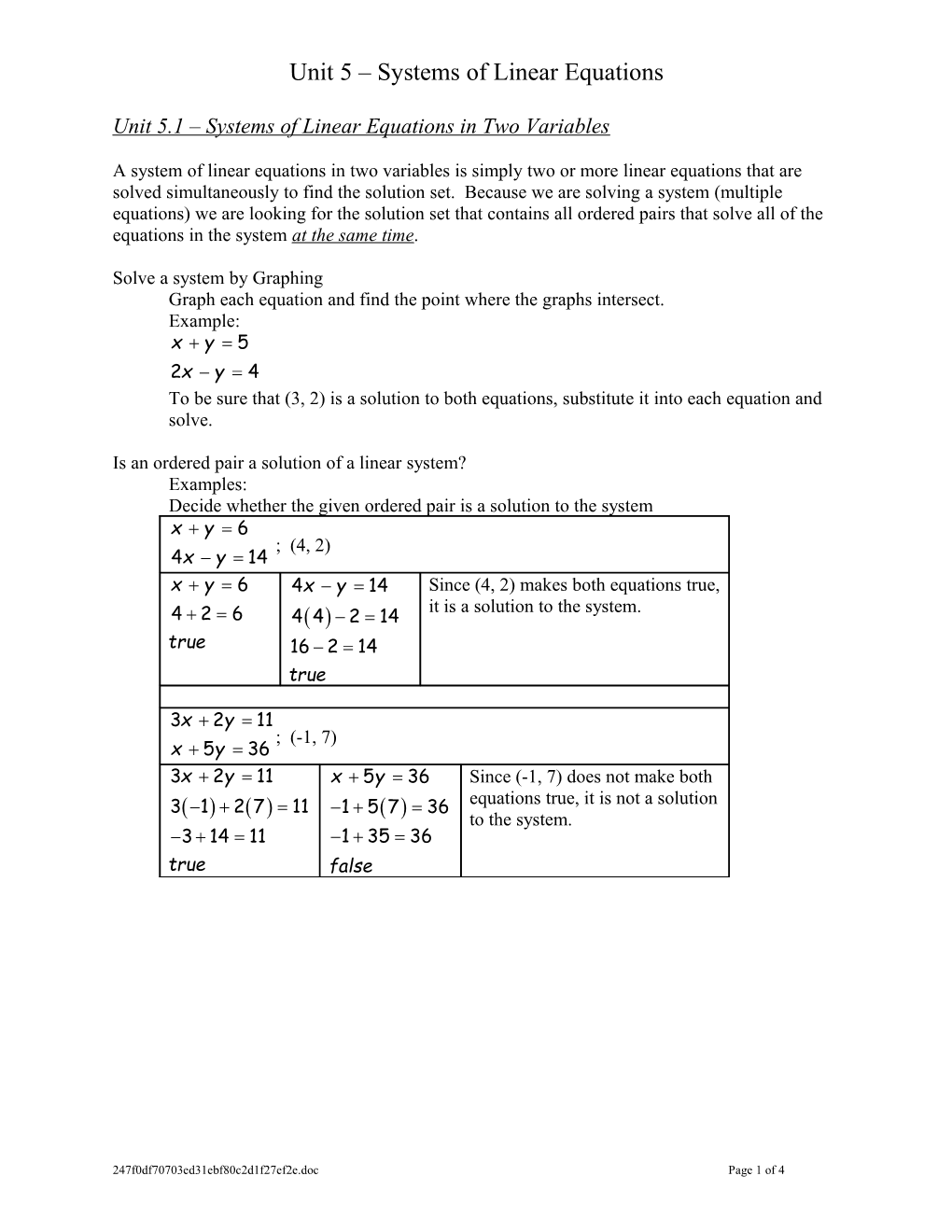 Unit 5 Systems of Linear Equations