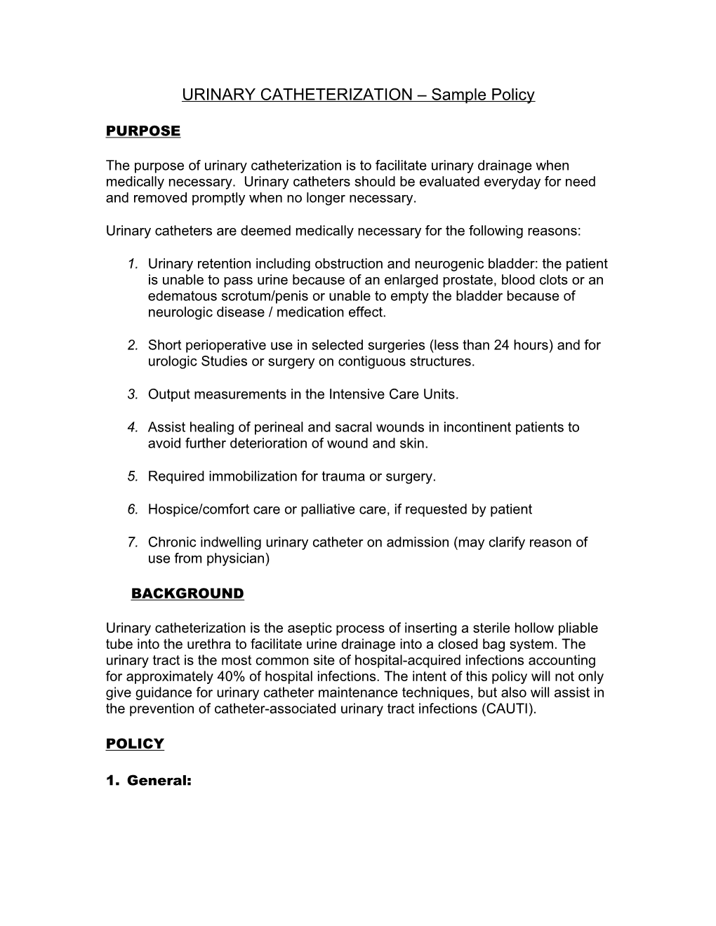 URINARY CATHETERIZATION Sample Policy