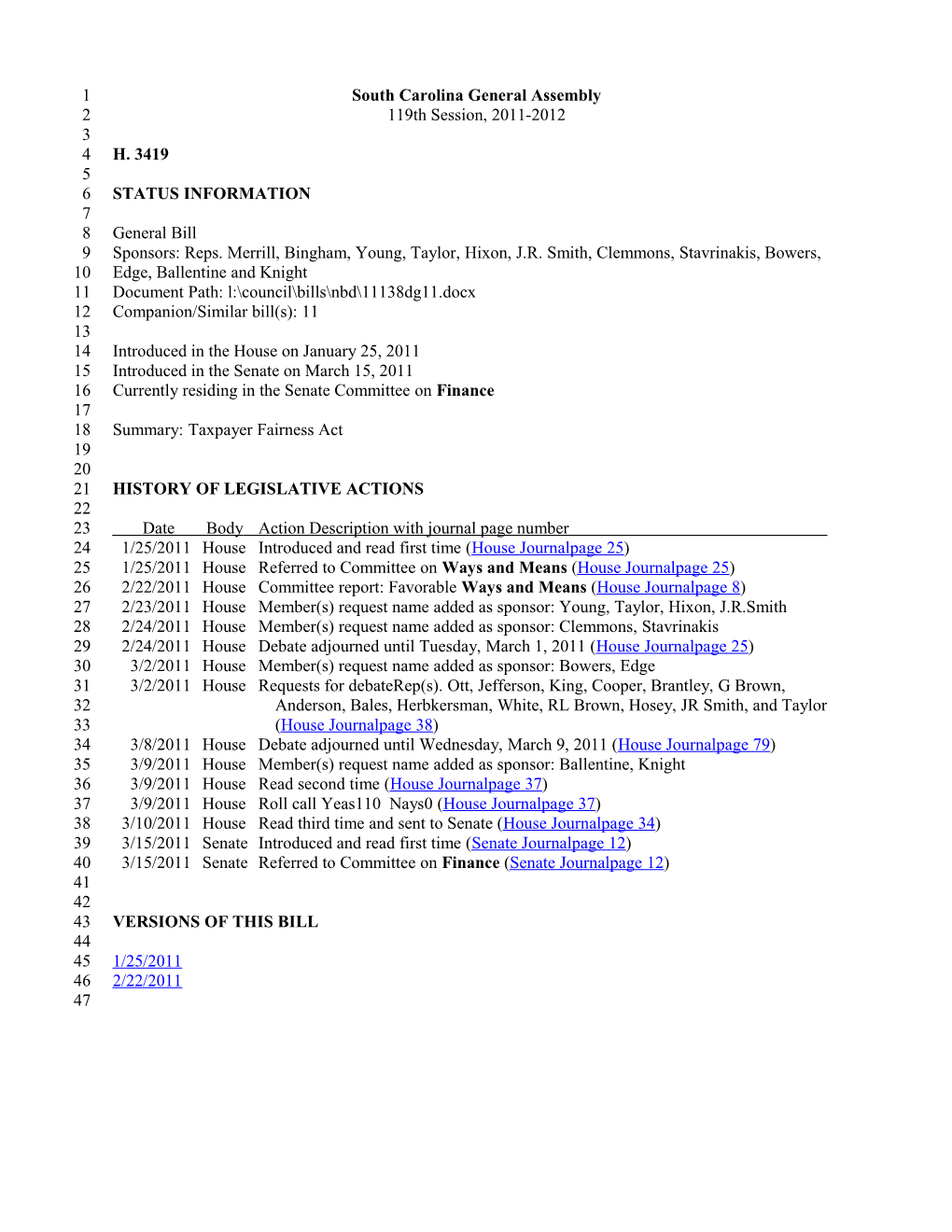 2011-2012 Bill 3419: Taxpayer Fairness Act - South Carolina Legislature Online