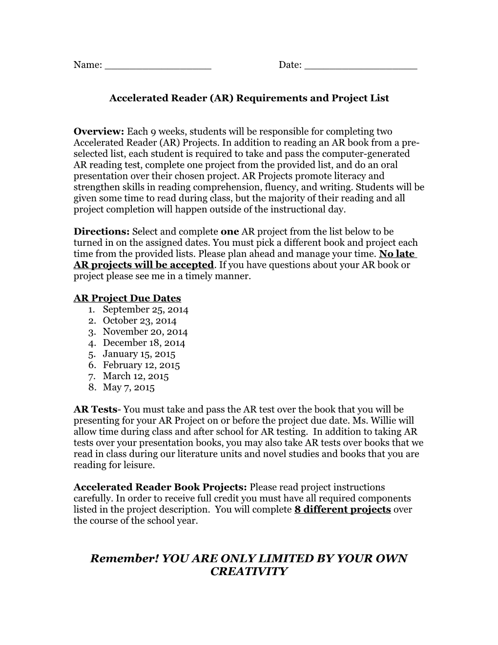 Accelerated Reader (AR) Requirements and Project List