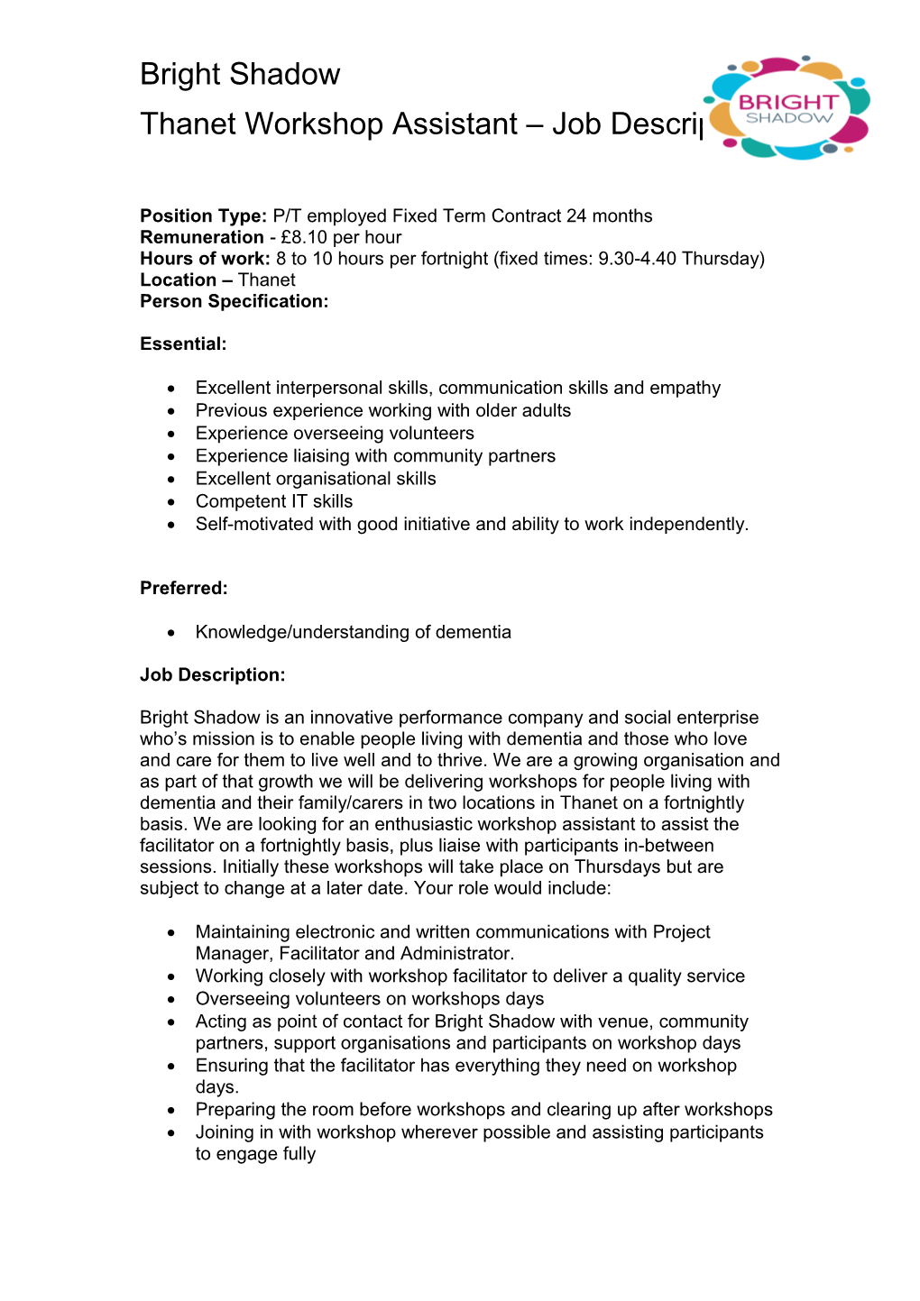 Thanet Workshop Assistant Job Description