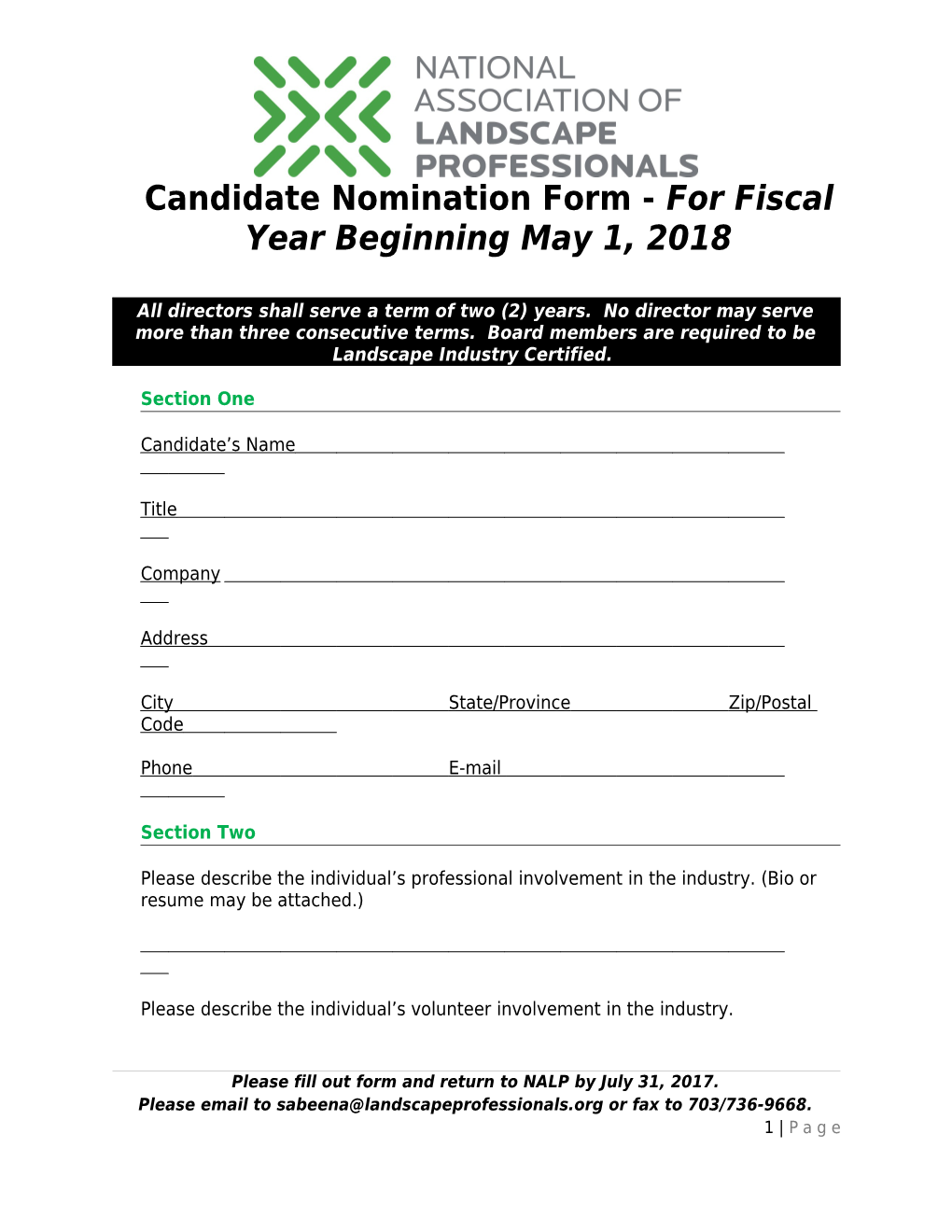 Candidate Nomination Form - for Fiscal Year Beginning May 1, 2018