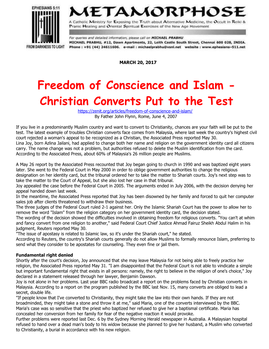 Freedom of Conscience and Islam - Christian Converts Put to the Test