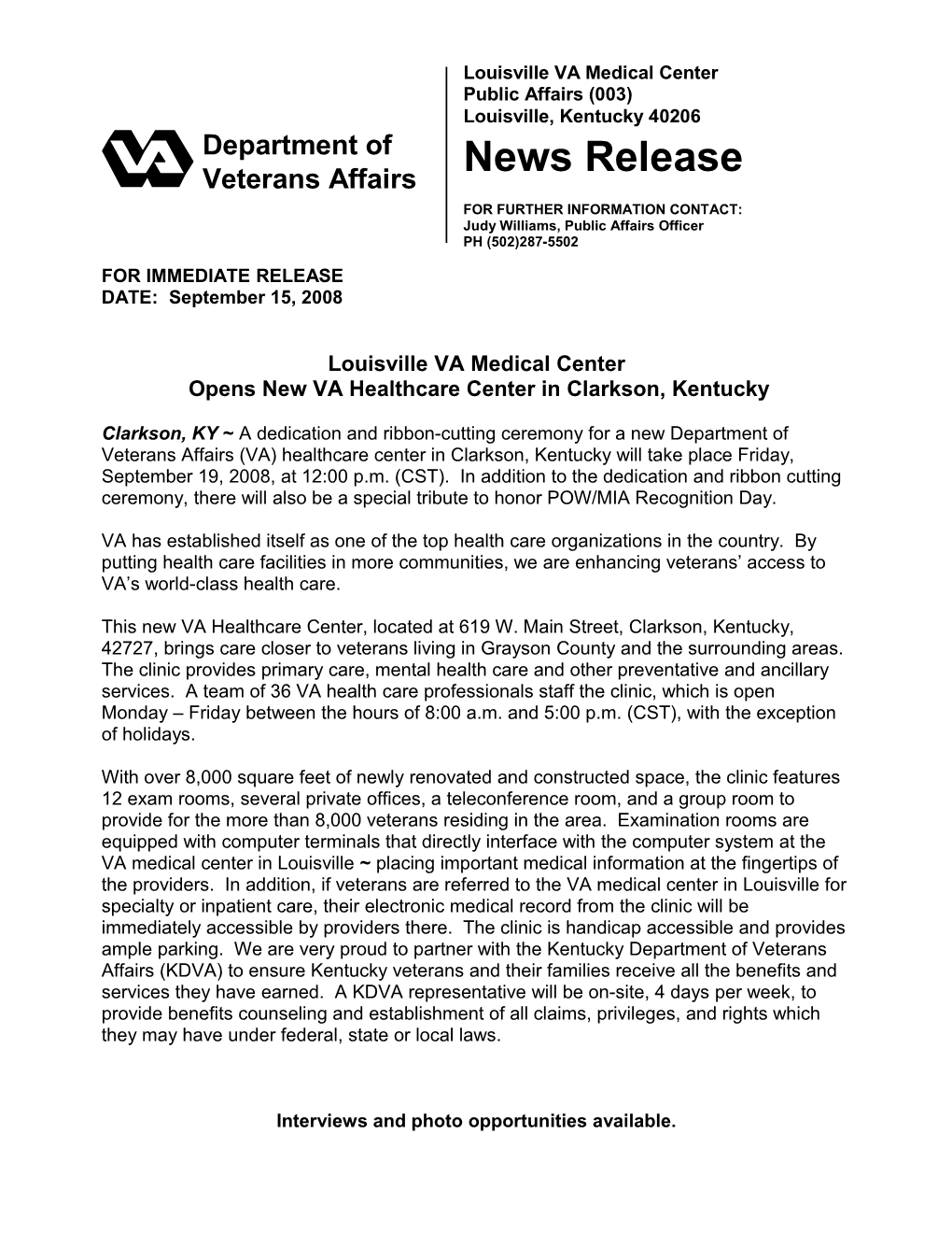 Opens New VA Healthcare Center in Clarkson, Kentucky